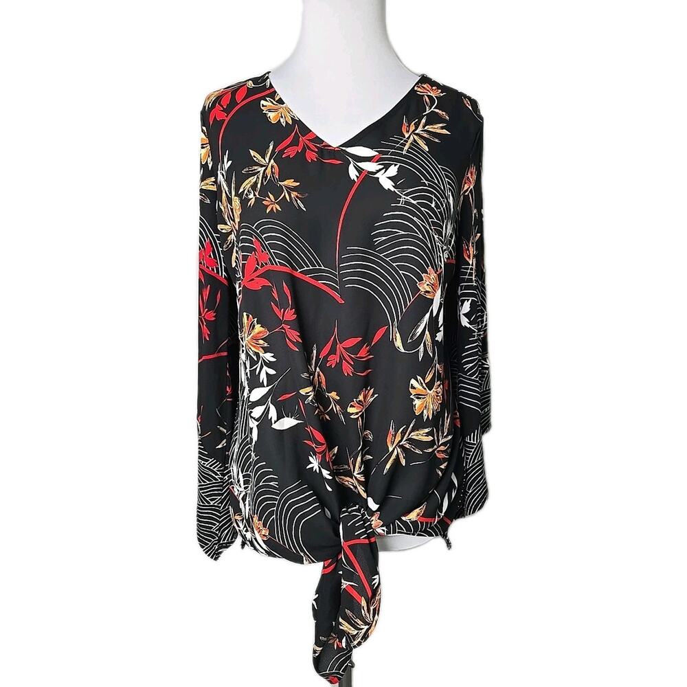 ALFANI Black Floral Tie-Front Stretch-Knit Top Small S‎